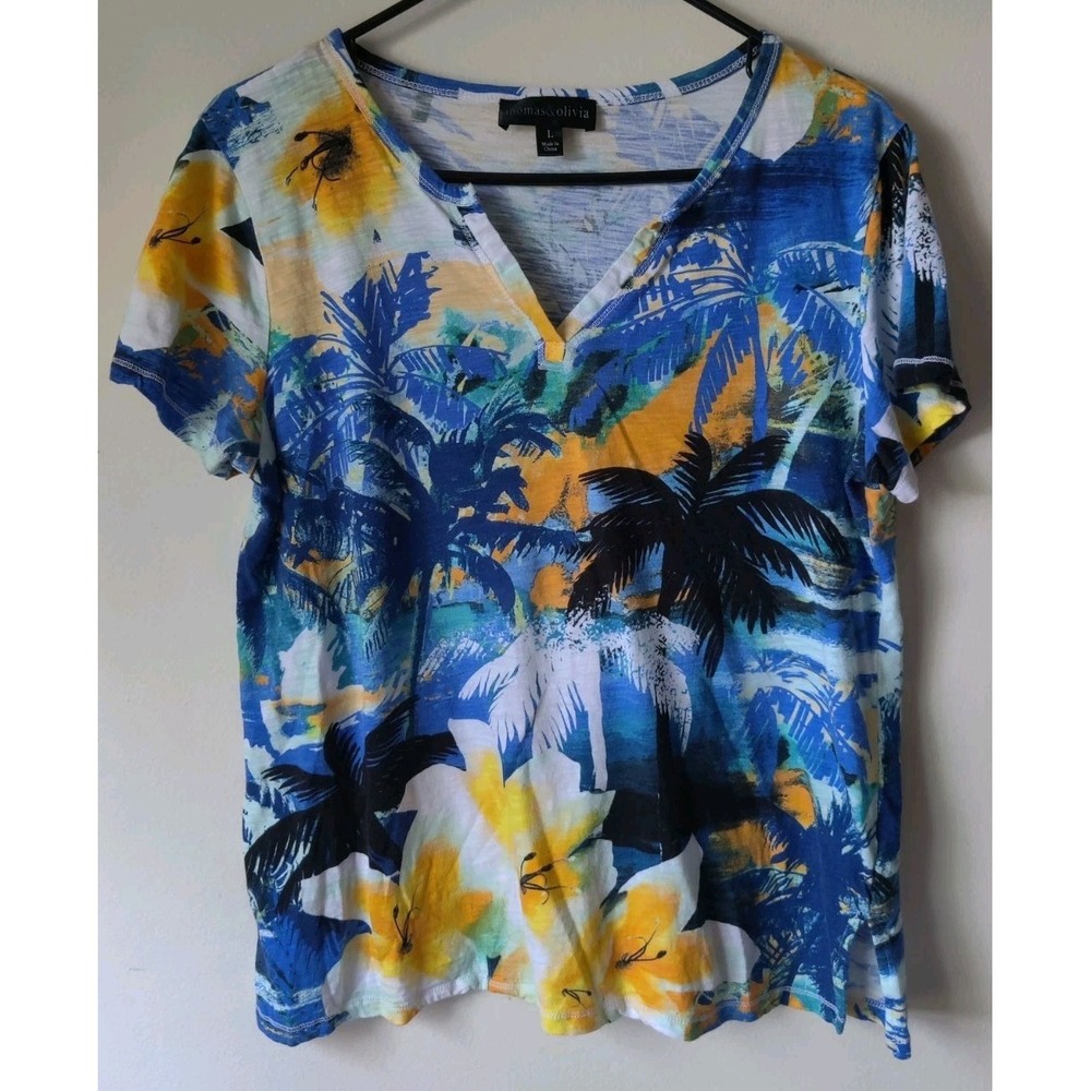 THOMAS‎ & OLIVIA Women's V-Neck Short Sleeve Top-Vibrant Coastal Design Size L